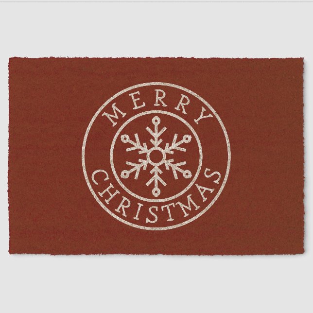 Merry Christmas Snowflake on Dark Red Fiber Doormat (Front)