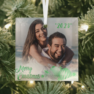 Merry Christmas Snowflake Personalized Green Glass Ornament