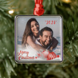Merry Christmas Snowflake Personalized Red Metal Ornament<br><div class="desc">Pretty gold frame with snowflakes surrounding your favorite photo ornament.  Merry Christmas in faux red script & year in matching color.  Add your favorite photo to create this lovely keepsake ornament.</div>