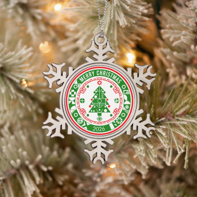 Merry Christmas Snowflake Pewter Christmas Ornament (Tree)