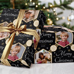 Merry Christmas Snowflake Photo Black Gold Wrapping Paper<br><div class="desc">Make your Christmas gifts extra special with this stylish photo wrapping paper. An editable template personalized with the year date and four photographs of your family, friends or pets! This seamless hexagon pattern features script lettering, snowflakes and stars in an elegant color palette of black, white and faux gold. Custom...</div>