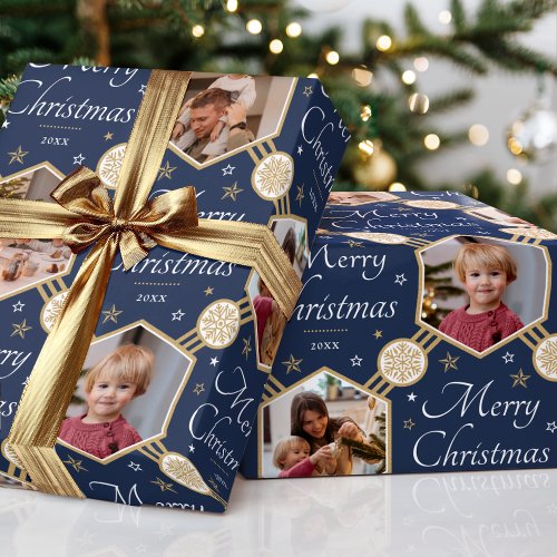 Merry Christmas Snowflake Photo Dark Blue Gold Wrapping Paper