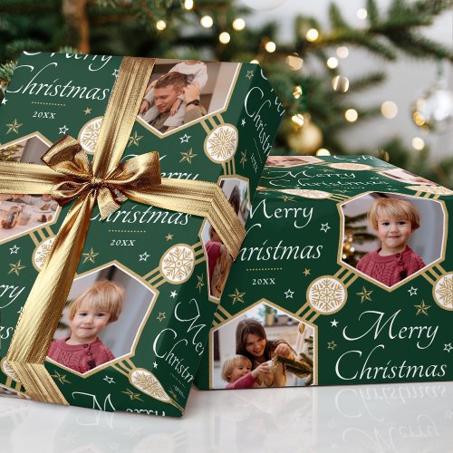 Merry Christmas Snowflake Photo Dark Green Gold Wrapping Paper