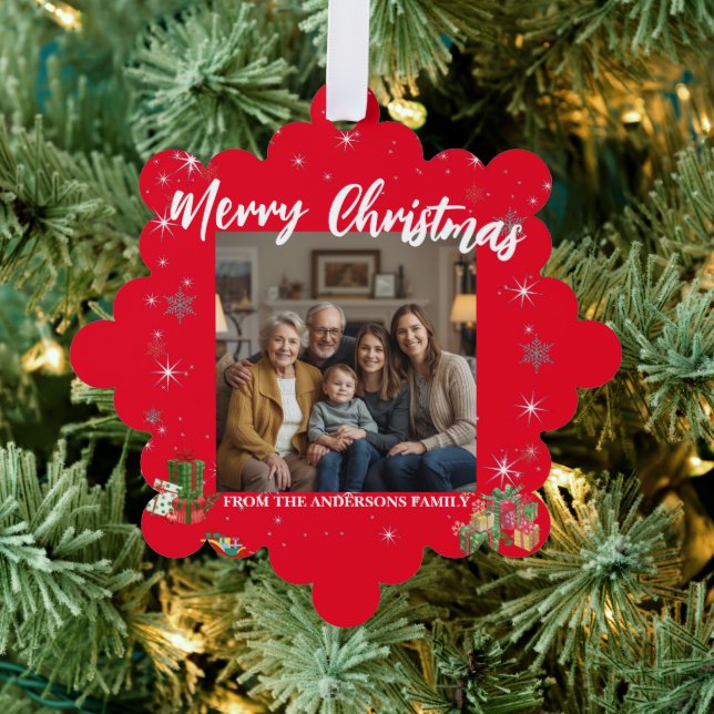 Merry Christmas Snowflake Photo Personal Family N Ornament Card (Insitu (Tree))