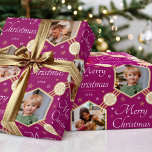 Merry Christmas Snowflake Photo Plum Gold Editable Wrapping Paper<br><div class="desc">Make your Christmas gifts extra special with this stylish photo wrapping paper. An editable template personalized with the year date and four photographs of your family, friends or pets! This seamless hexagon pattern features script lettering, snowflakes and stars in an elegant color palette of purple-pink plum, white and faux gold....</div>