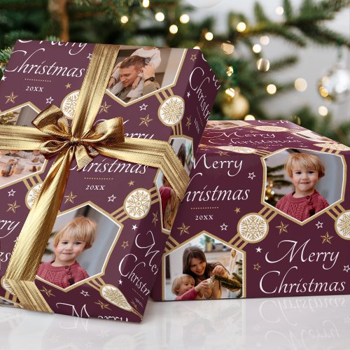 Merry Christmas Snowflake Photo Plum Gold Wrapping Paper