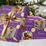 Merry Christmas Snowflake Photo Purple Gold Wrapping Paper<br><div class="desc">Make your Christmas gifts extra special with this stylish photo wrapping paper. An editable template personalized with the year date and four photographs of your family, friends or pets! This seamless hexagon pattern features script lettering, snowflakes and stars in an elegant color palette of purple, white and faux gold. Custom...</div>