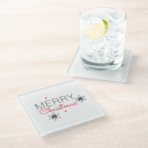 Merry Christmas Snowflake Red and Black Glass Coaster