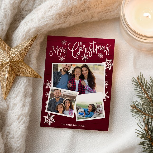 Merry Christmas Snowflake Rustic 3 Photos Collage Postcard (Creator Uploaded)