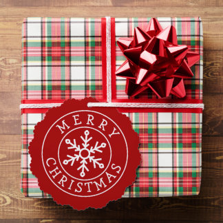 Merry Christmas Snowflake Tag on Bright Red Ornament Card