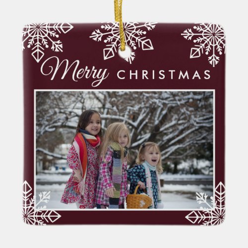 Merry Christmas Snowflakes 2 Photo Burgundy Ceramic Ornament
