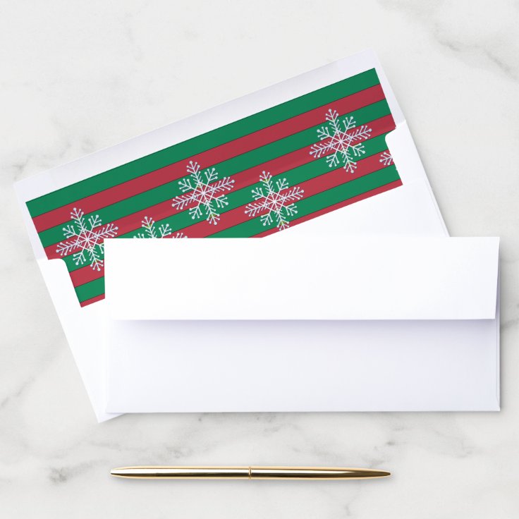 Merry Christmas Snowflakes and Red & Green Stripes Envelope Liner | Zazzle