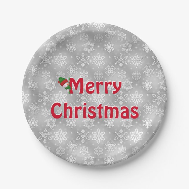 Merry Christmas Snowflakes and Snowman Paper Plates (Front)