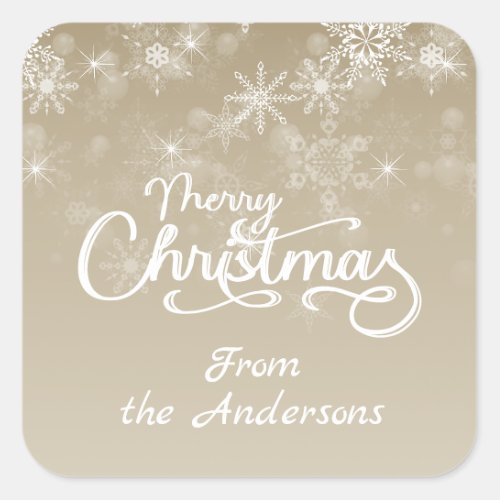 Merry Christmas Snowflakes Beige Greeting Holiday Square Sticker