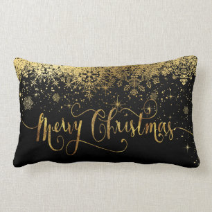Merry Christmas Snowflakes - Black and Gold Lumbar Pillow