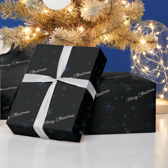 Merry Christmas Snowflakes Black Wrapping Paper (Holidays)