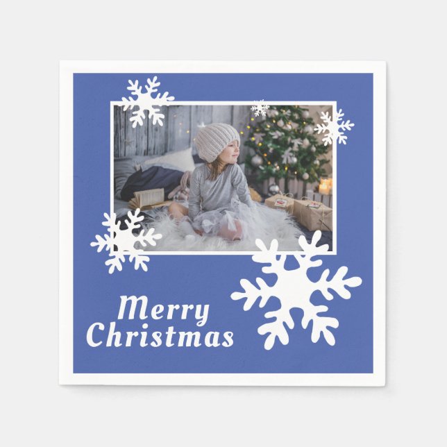 Merry Christmas Snowflakes Blue Family Photo  Napkins (Front)