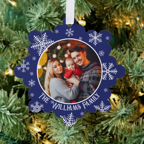 Merry Christmas Snowflakes Blue Photo Ornament Card