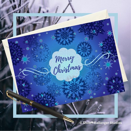 Merry Christmas Snowflakes Design in Blue Card