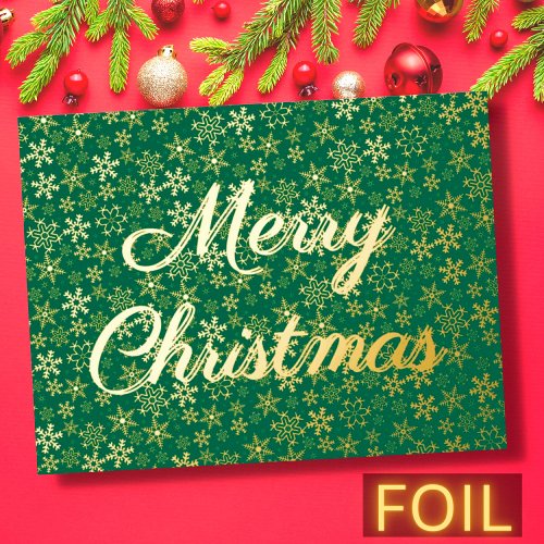 Merry Christmas snowflakes elegant script green Foil Holiday Postcard