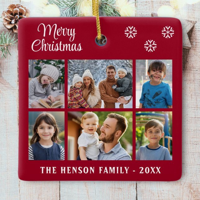 Merry Christmas Snowflakes Family 6 Photo Collage Ceramic Ornament (Creator Uploaded)