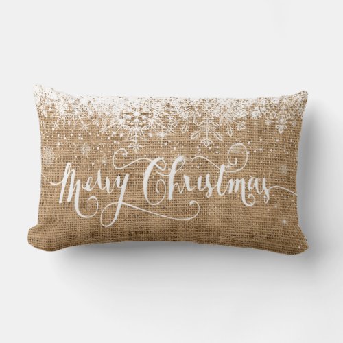 Merry Christmas Snowflakes _ Faux Burlap Lumbar Pillow