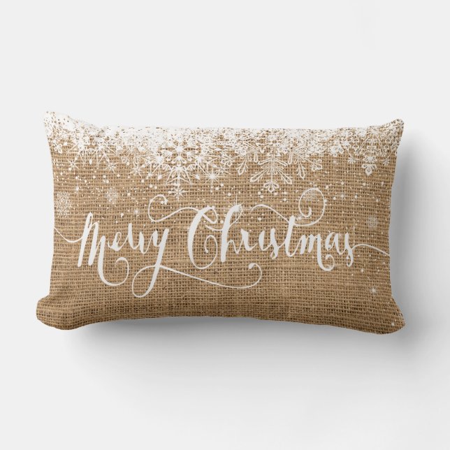 Merry Christmas Snowflakes - Faux Burlap Lumbar Pillow (Front)