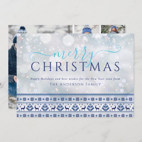 Merry Christmas Snowflakes Folk Pattern 4 Photo Holiday Card