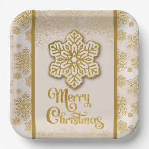 Merry Christmas Snowflakes Gold Glitter Sparkle Paper Plates