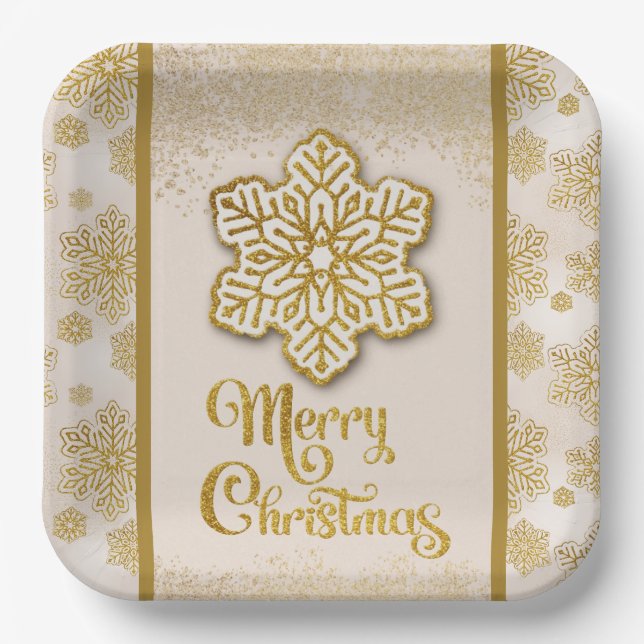Merry Christmas Snowflakes Gold Glitter Sparkle  Paper Plates (Front)