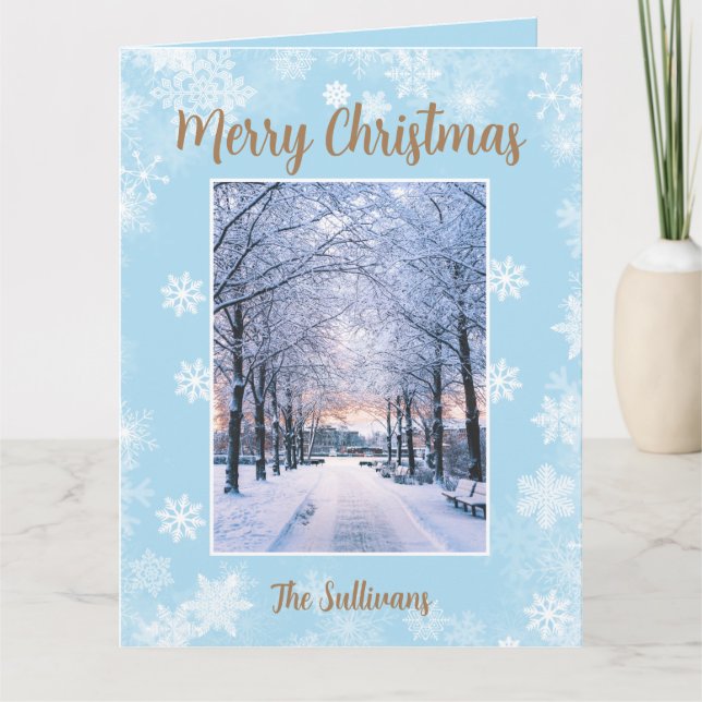 Merry Christmas Snowflakes Gold Script Four Photos Card (Front)