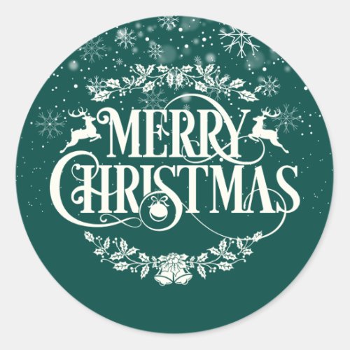 Merry Christmas Snowflakes Green Classic Round Sticker