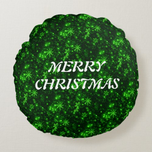 Merry Christmas Snowflakes Green Round Pillow