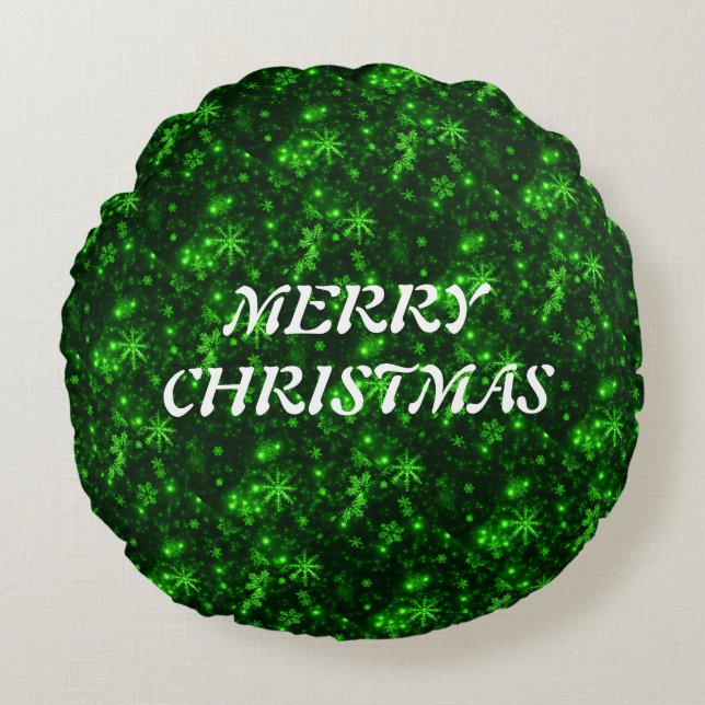 Merry Christmas Snowflakes Green Round Pillow (Front)