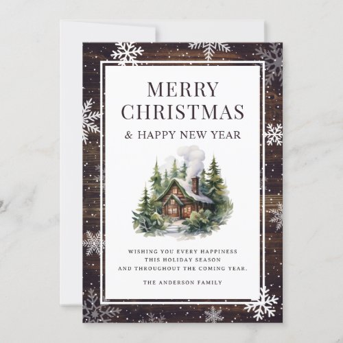 Merry Christmas Snowflakes Log Cabin  Holiday Card