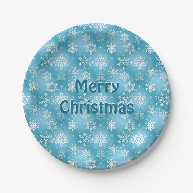 Merry Christmas Snowflakes on aqua Paper Plates (Front)