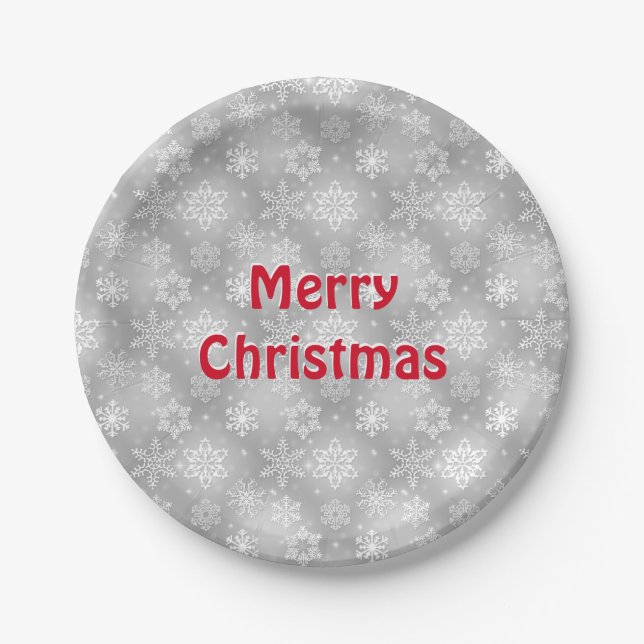 Merry Christmas Snowflakes on gray Paper Plates (Front)