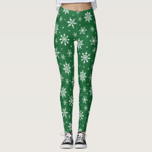 Merry Christmas Snowflakes Pattern Green Leggings