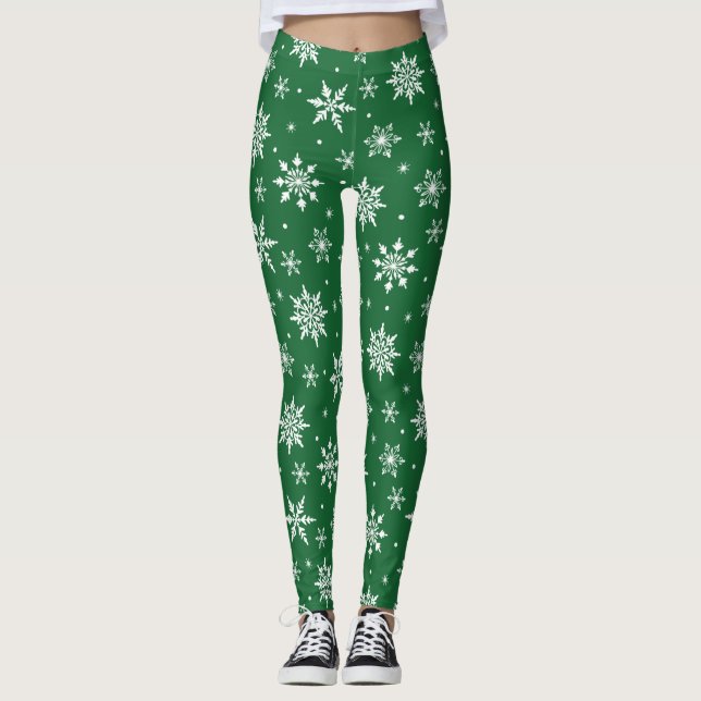 Merry Christmas Snowflakes Pattern Green Leggings (Front)