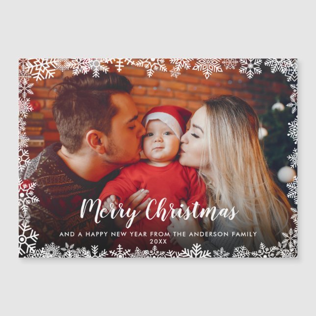 Merry Christmas Snowflakes Photo Magnetic Card (Front)