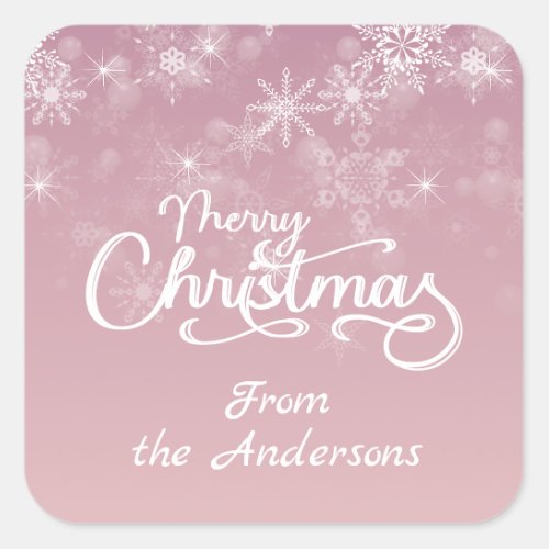 Merry Christmas Snowflakes Pink Greeting Holiday Square Sticker