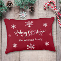Merry Christmas Snowflakes Red Accent Pillow