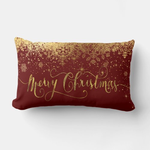 Merry Christmas Snowflakes _ Red and Gold Lumbar Pillow