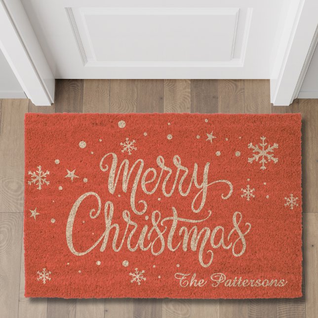 Merry Christmas Snowflakes Red Personalized Name Fiber Doormat (Creator Uploaded)