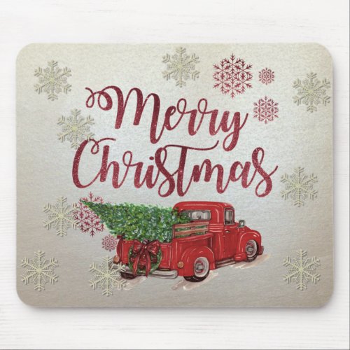 Merry ChristmasSnowflakesRed Truck Pine Tree Mouse Pad