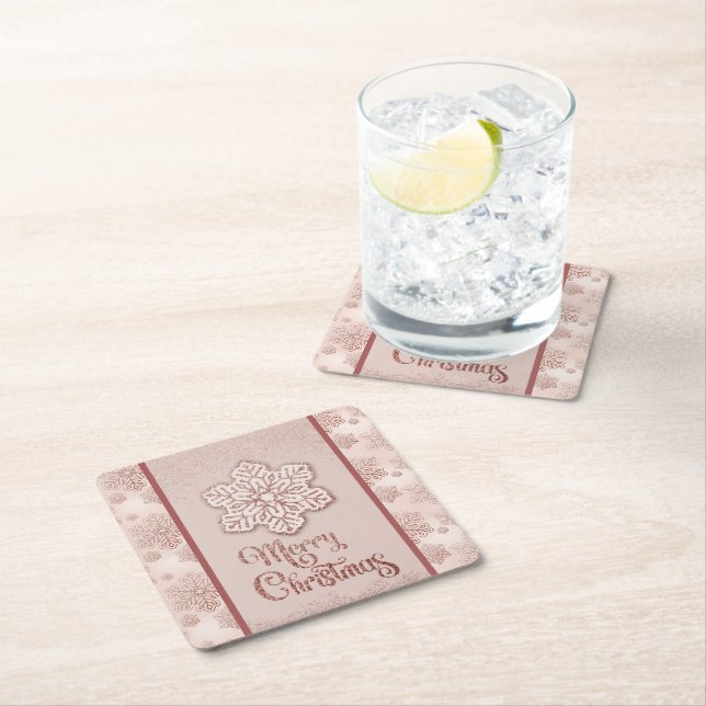 Merry Christmas Snowflakes Rose Gold Glitter Pink Square Paper Coaster (Insitu)