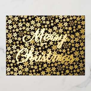 Merry Christmas snowflakes script black and gold Foil Holiday Postcard