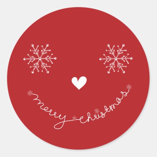 Merry Christmas Snowflakes Smiley Face Red Holiday Classic Round Sticker