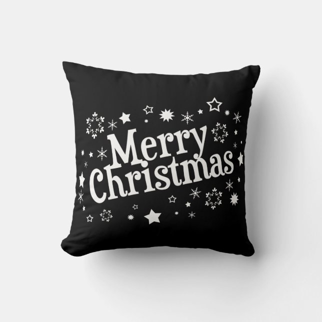 Merry Christmas Snowflakes Stars Black Throw Pillow (Front)