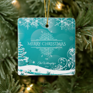 Merry Christmas Snowflakes Tree Flowers & Stars  Ceramic Ornament